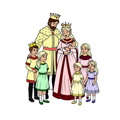 a king and queen with 5 kids and in a  group and a baby in the queen hand