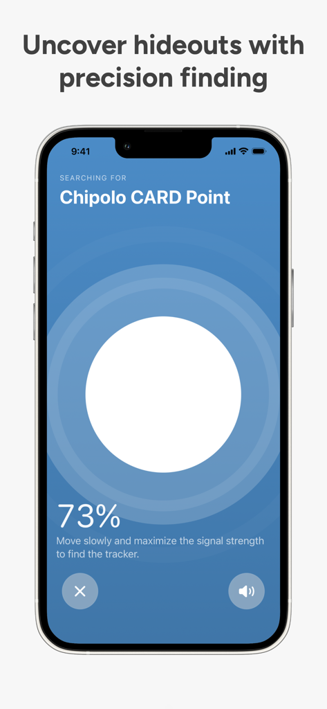 TrackerScan - Detect Trackers - Interface of TrackerScan app showing precision finding for a Chipolo tracker with signal strength indicator