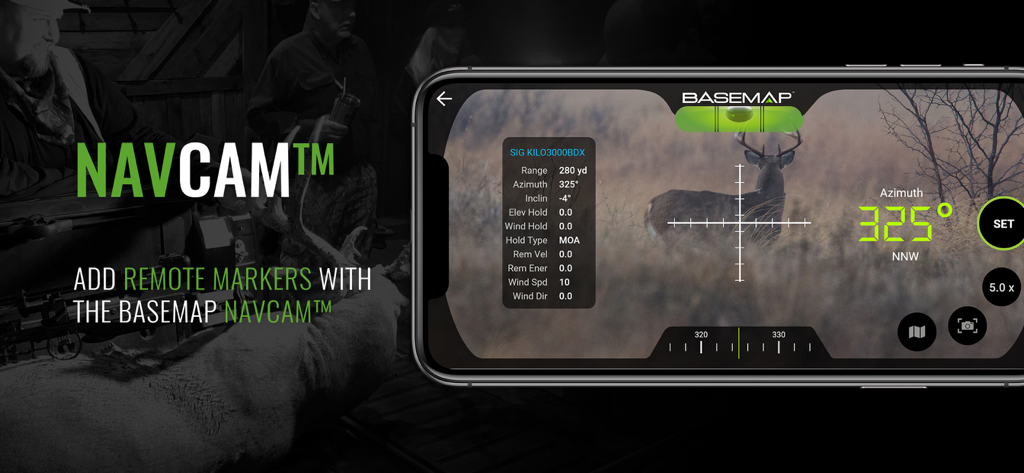 A smartphone displaying the BaseMap NavCam feature showing a deer through a digital scope with range and azimuth data