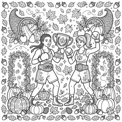 Step into the ring with these triumphant boxing champions, celebrating their victories amidst a beautiful autumn landscape. This engaging coloring page blends athletic spirit with the cozy vibes of fall.
