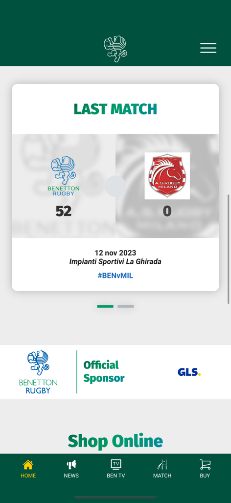 Benetton Rugby Official App - Benetton Rugby Official App home screen showing last match score and navigation bar