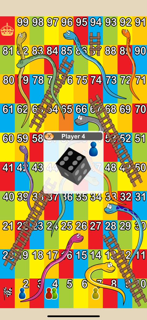 Snake & Ladder Game - Interface du jeu de plateau classique Serpent et Échelle montrant un dé 3D et des pions colorés