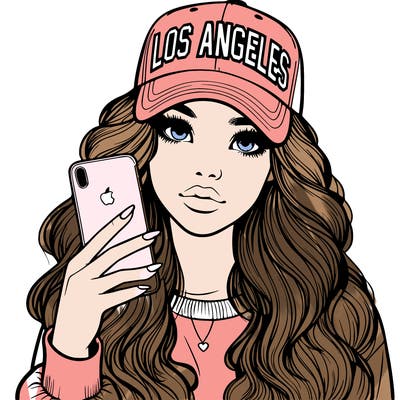 realistic beautiful girl wearing los ángeles cap holding an iphone