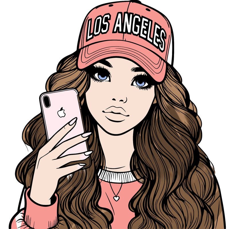 realistic beautiful girl wearing los ángeles cap holding an iphone