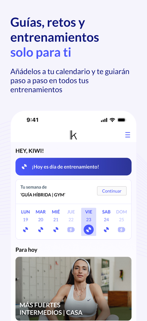 Saiyan Workout - Entrenamiento - Saiyan Workout mobile app interface showing a weekly fitness training calendar and personalized workout guides for women