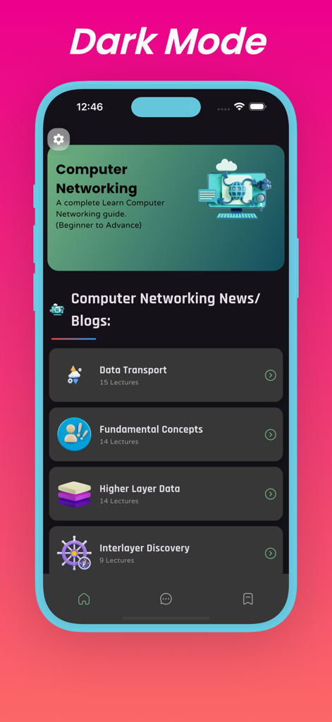 Learn Computer Networking Pro - Course dashboard of the Learn Computer Networking Pro app in dark mode showing various study topics