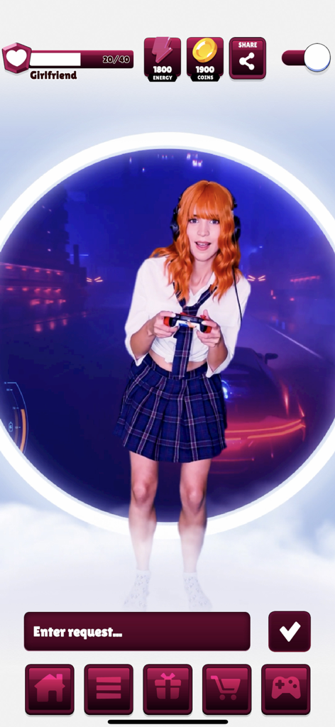 Pocket Love - Gamer Girl - Interface of the Pocket Love Gamer Girl app featuring a real woman in anime style clothing holding a game controller with interactive UI buttons.