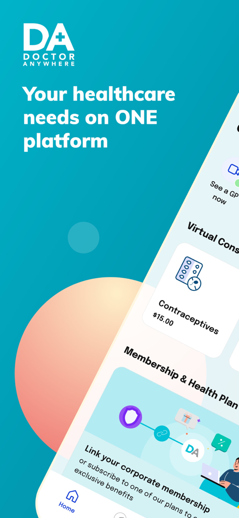 Doctor Anywhere: Healthcare - Doctor Anywhere app interface displaying virtual consultation services and health plan management on a single platform