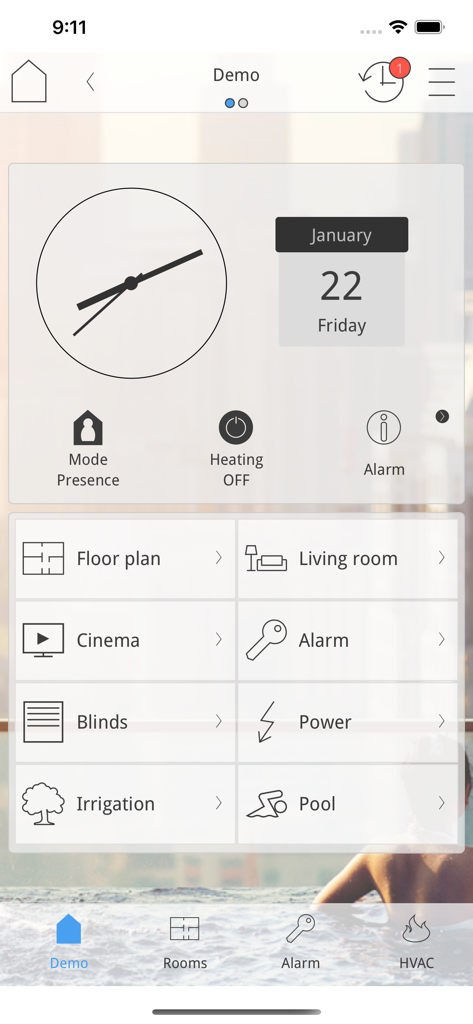 bOS Client - bOS Client App-Oberfläche, die Hausautomationssteuerungen für Jalousien, Bewässerung und Pool anzeigt