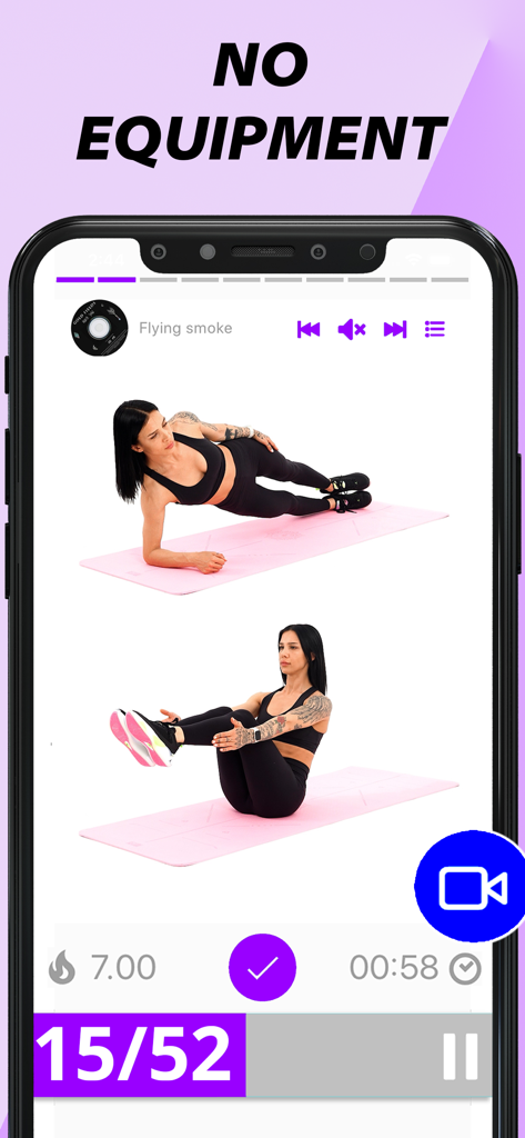 Home Workout-Fitness for Women - Mobile app interface showing a woman demonstrating home exercises with no equipment