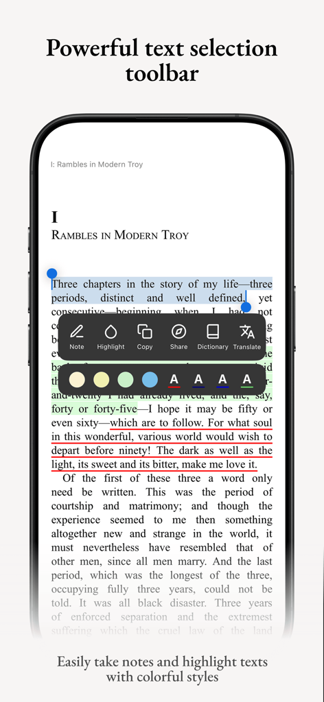 Koodo Reader - iPhone screenshot of Koodo Reader highlighting its text selection toolbar with note-taking, highlighting, and translation features