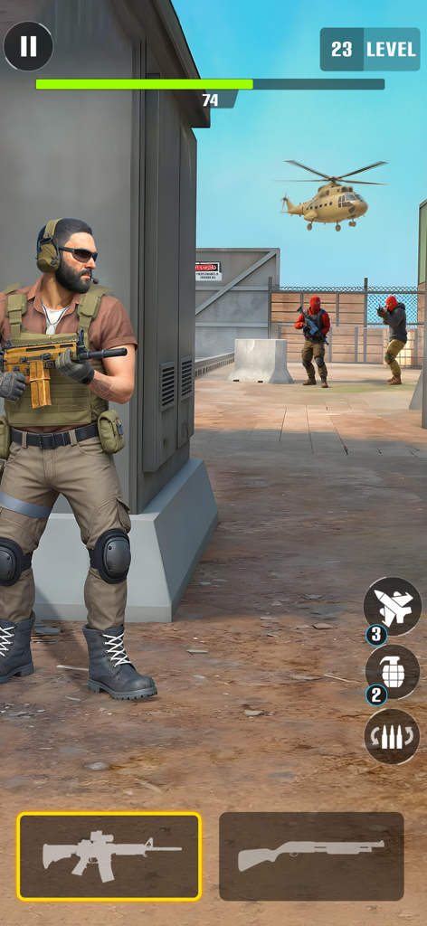 Commando Assault: Gun Shooter - Soldado táctico refugiándose durante una misión de combate en un juego de disparos 3D.