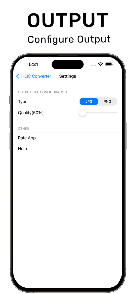 HEIC: JPG, PNG Converter - JPGまたはPNG間のファイルタイプ選択と画像品質調整スライダーを含む出力設定を構成するためのインターフェース