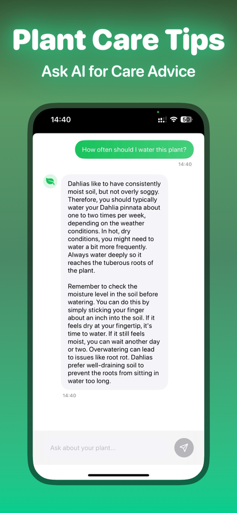 Leafify: Plant Identifier - Leafify app screen showing an AI chat about plant watering tips