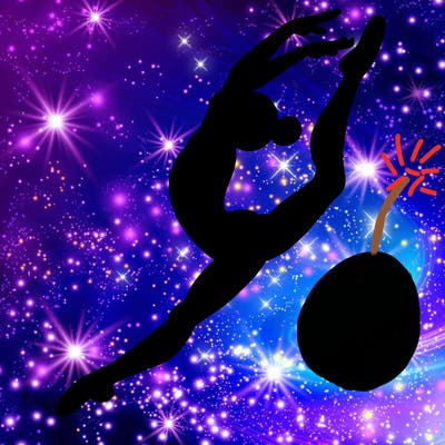 gymnast doing a leap in a leotard with a bent back leg