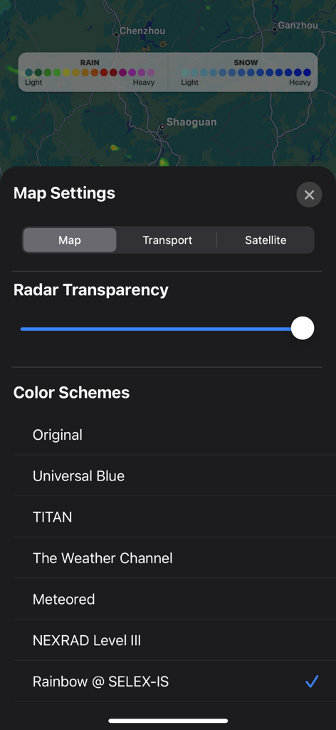 Map customization settings showing radar transparency and color scheme options in the Rain Radar app