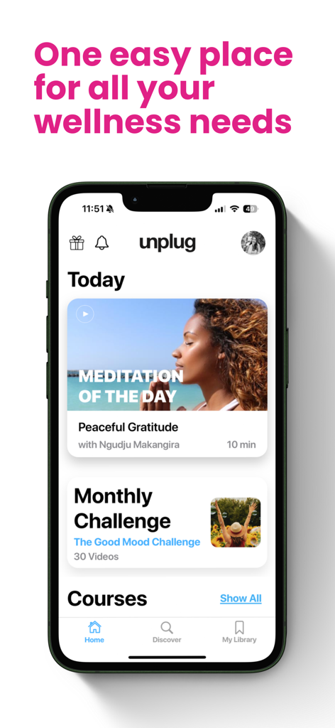 Unplug: Meditation - Unplug meditation app home screen with daily meditation recommendations and monthly wellness challenges