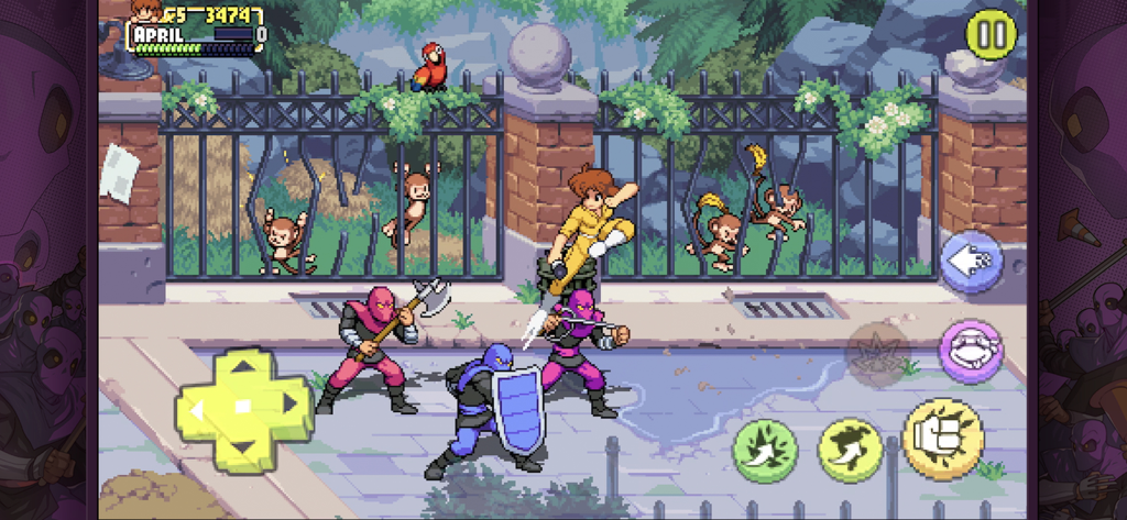 TMNT:Shredder’s Revenge Mobile - TMNT Shredder's Revenge 모바일의 동물원 레벨에서 Foot Clan 병사들과 싸우는 April O'Neil