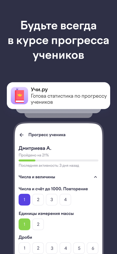 Interface de l'application Uchi.ru pour enseignants montrant le suivi des progrès des élèves et le statut d'achèvement des leçons.