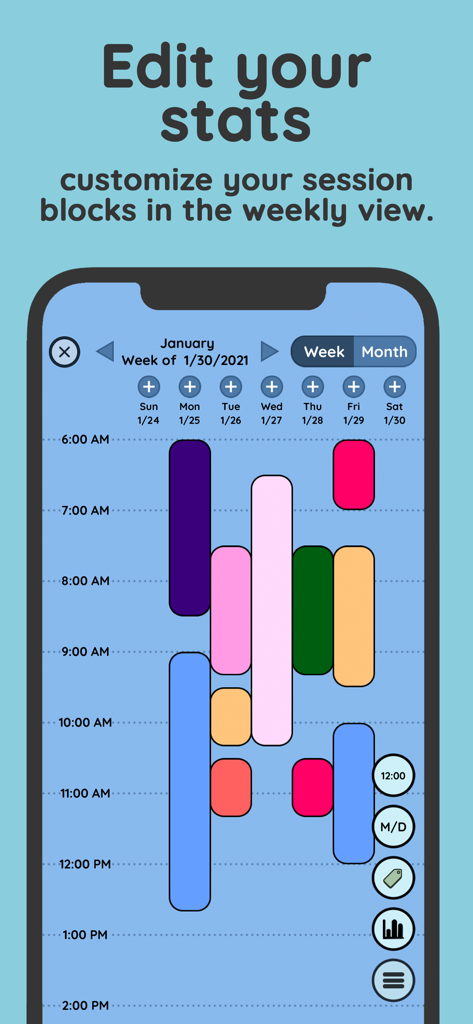 Study Bunny: Focus Timer - Una colorata vista calendario settimanale che mostra blocchi di sessioni di studio nell'app Study Bunny