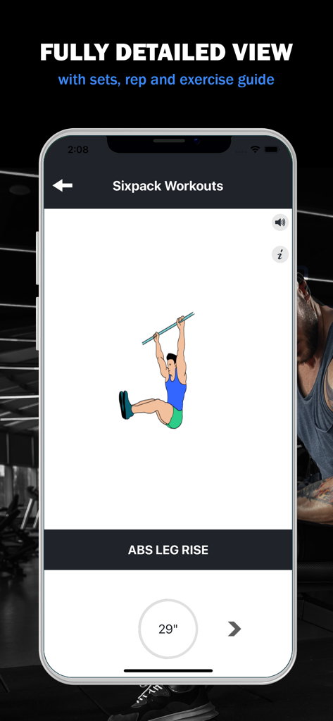 Gym Workout Daily Exercises - Smartphone screen showing a detailed abs leg rise workout guide with an illustration and timer
