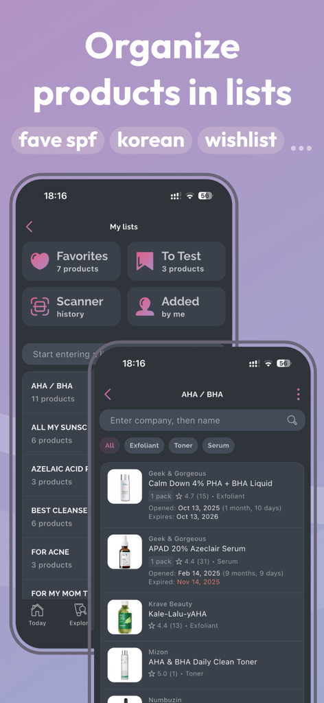FeelinMySkin app interface showing how to organize skincare products into lists and track details like expiration dates