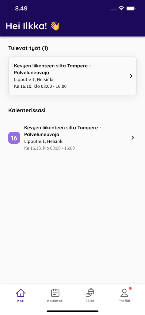 A tela inicial do aplicativo móvel Eezy Talents exibindo próximos turnos de trabalho e ícones de navegação