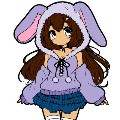 pretty anime girl wearing a fluffy hoodie with bunny ears on the hood and a skirt
