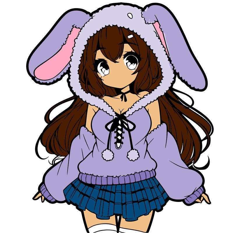 pretty anime girl wearing a fluffy hoodie with bunny ears on the hood and a skirt
