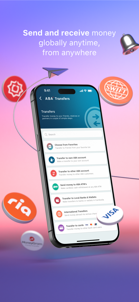 Interfaz de la aplicación ABA Mobile Bank mostrando varias opciones de transferencia de dinero como transferencias internacionales y billeteras bancarias locales.