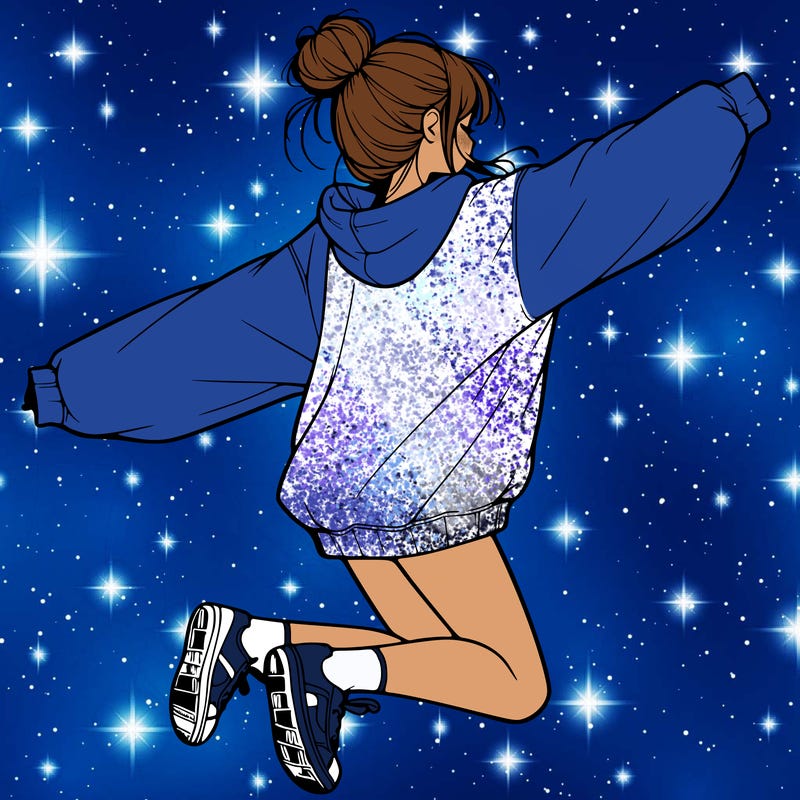 realistic girl jumping with a bun and oversized sweatshirt