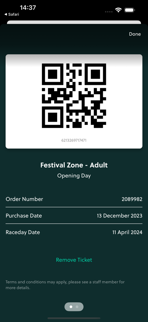 Aintree Racecourse - Digital race day ticket for Aintree Racecourse showing a QR code and event details for the Festival Zone.