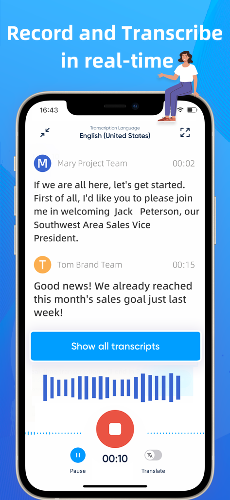 iTranscribe - Audio to Text - iTranscribe mobile app showing real-time voice recording and text transcription of a meeting