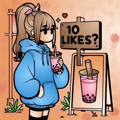 girl with oversized hoodie drinking boba and she has a high ponytail with a sign that says 10likes?