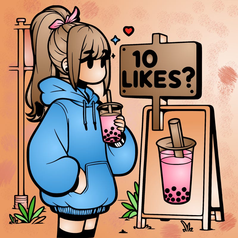 girl with oversized hoodie drinking boba and she has a high ponytail with a sign that says 10likes?