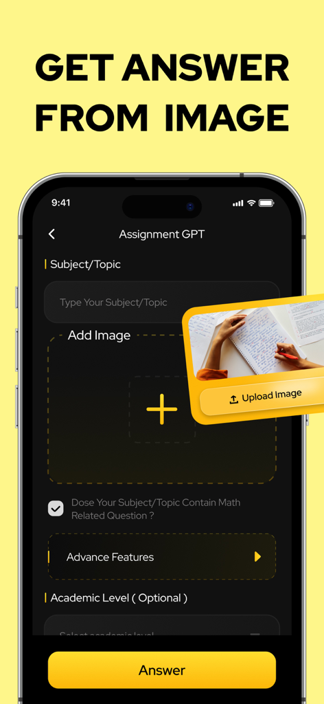 AI Math Problem Solver: MathAI - Interface of MathAI app showing the screen to upload a photo of a homework problem to get an instant answer