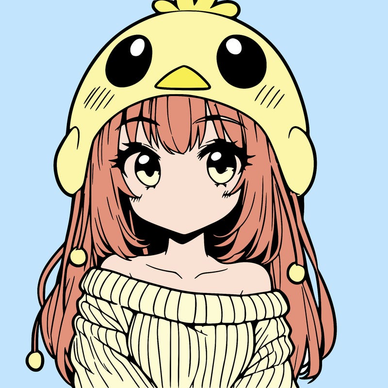 anime girl with chick shaped hat with sweater with bare shoulders with bangs covering them one eye with low tail
