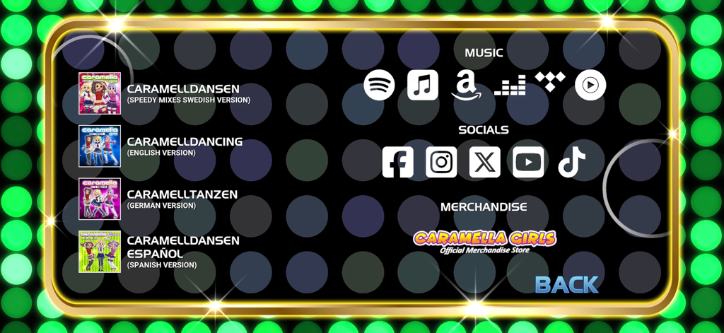 Caramella Girls Game - Caramella Girls Gameのメニュー画面には、音楽ストリーミングサービス、ソーシャルメディアプラットフォーム、公式グッズへのリンクが表示されています