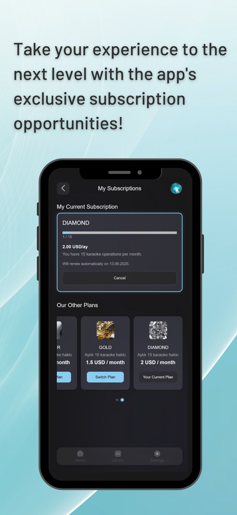 Pantalla de aplicación móvil mostrando planes de suscripción para Vocal Remover AI, incluidos los niveles Gold y Diamond.