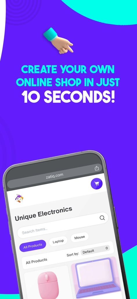 Zatiq Easy - eCommerce Builder - Marketing screen for Zatiq Easy app showing an online shop interface and text about creating a shop in ten seconds