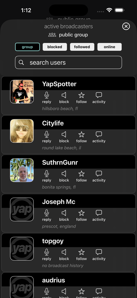 YapSpot app screen showing a list of active broadcasters in a public group with user profile locations