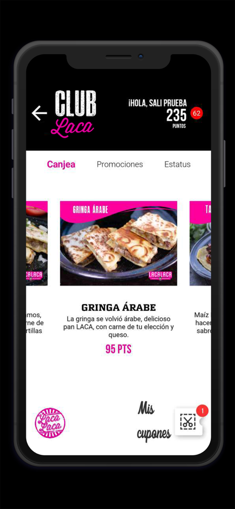 LACA LACA app Club Laca rewards screen displaying loyalty points and food items for redemption