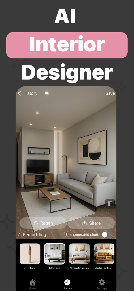 AI interior designer app interface showing a modern living room renovation with furniture style options