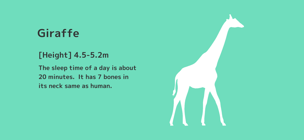 Dot Scale - White silhouette of a giraffe on a green background with facts about its height and sleep patterns