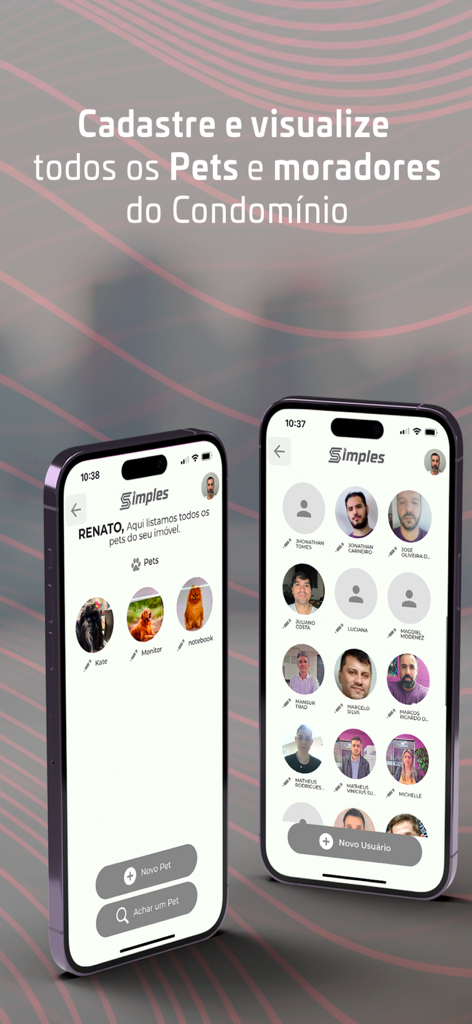 Simples Acesso - Simples Acesso app interface showing resident profiles and pet management screens on mobile phones