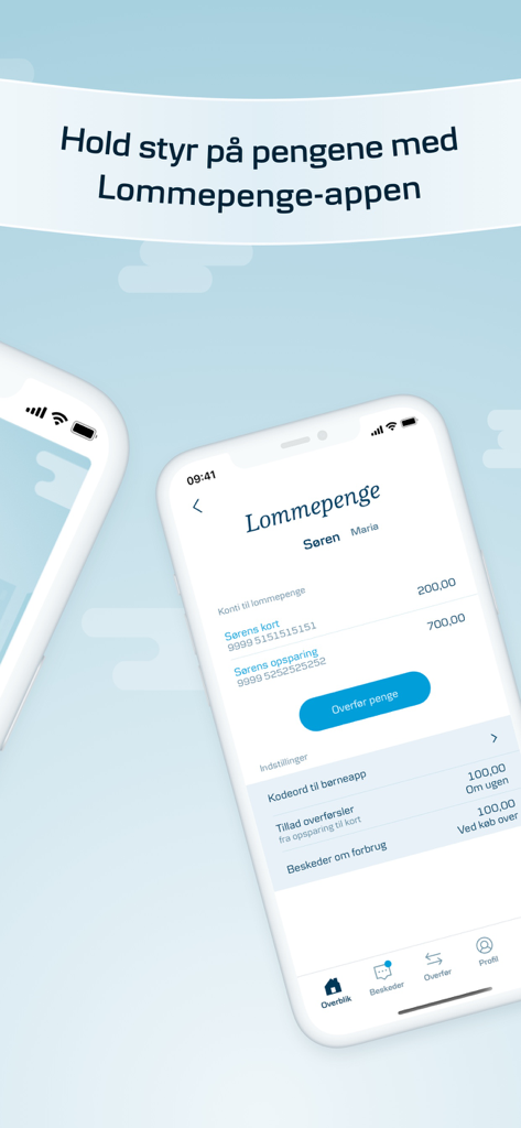 Lommepenge app interface showing child account balance and savings for parental control