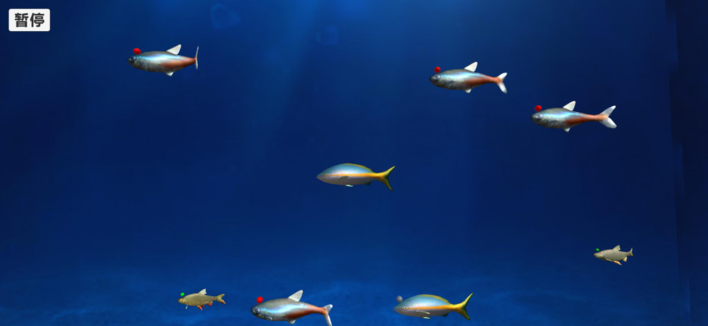 Varios peces 3D coloridos nadando en un entorno de océano azul profundo dentro del juego