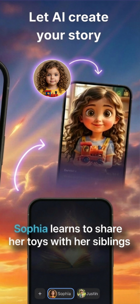 Fable: The AI Story Generator - Mobile app interface showing a real child photo being transformed into a consistent AI storybook character
