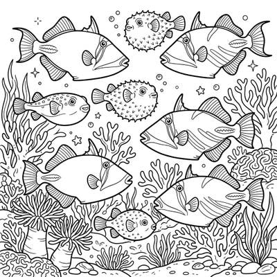 Embark on an exciting underwater journey with this detailed coloring page featuring a lively array of triggerfish and pufferfish. Discover these fascinating reef dwellers surrounded by a vibrant tapestry of corals and sea anemones, ready for your creative touch.