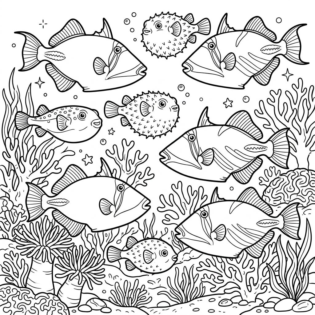 Triggerfish & Pufferfish Coloring Page | Underwater Fun